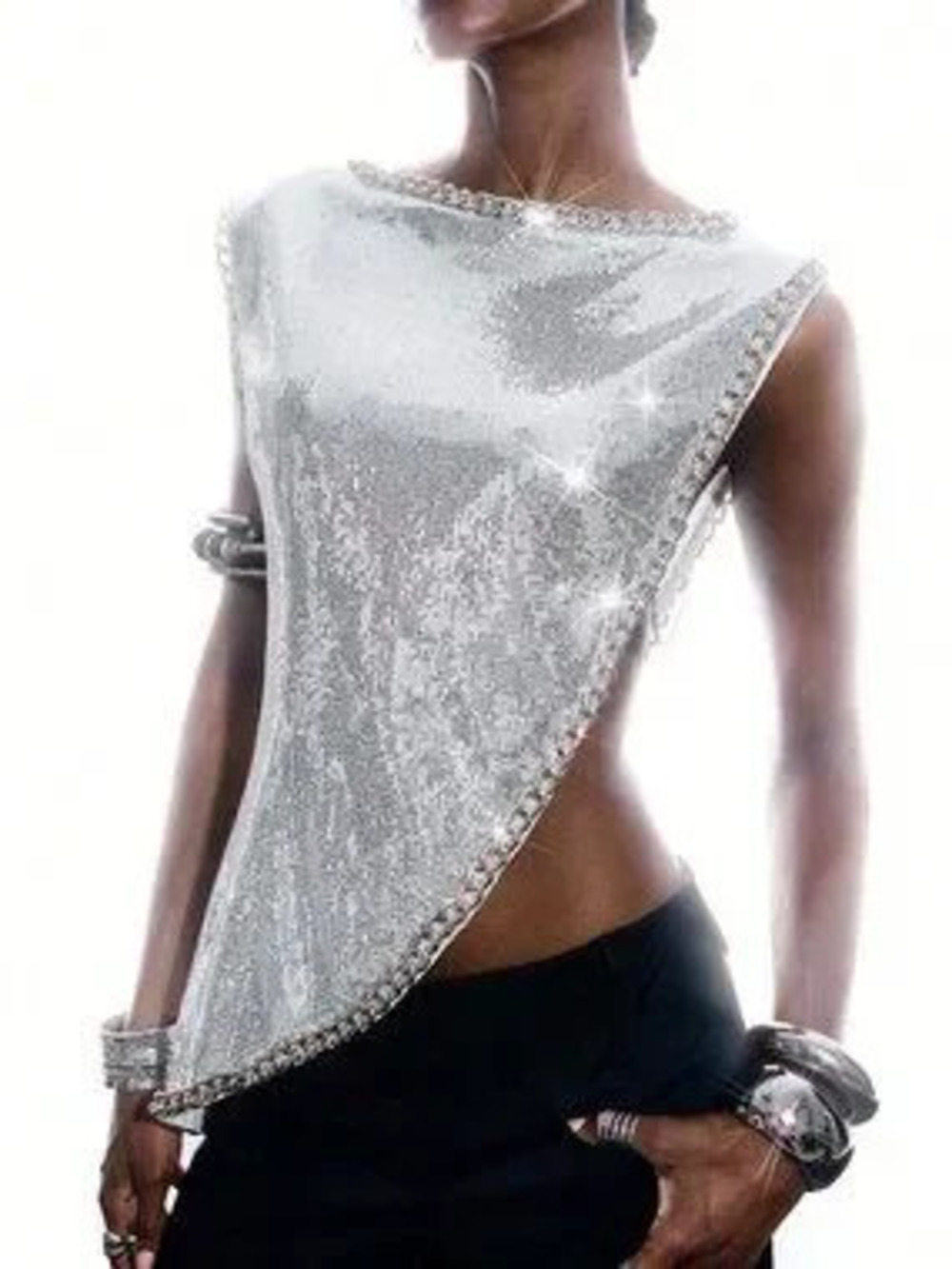 ZARA Silver Party Women's Sequin Chain Asymmetrical Hem Regular Fit Vest Top